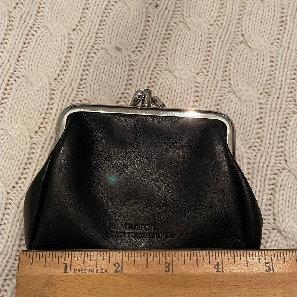 Buxton velvet touch cowhide black leather double clasp coin purse w/ side pocket - Picture 7 of 9